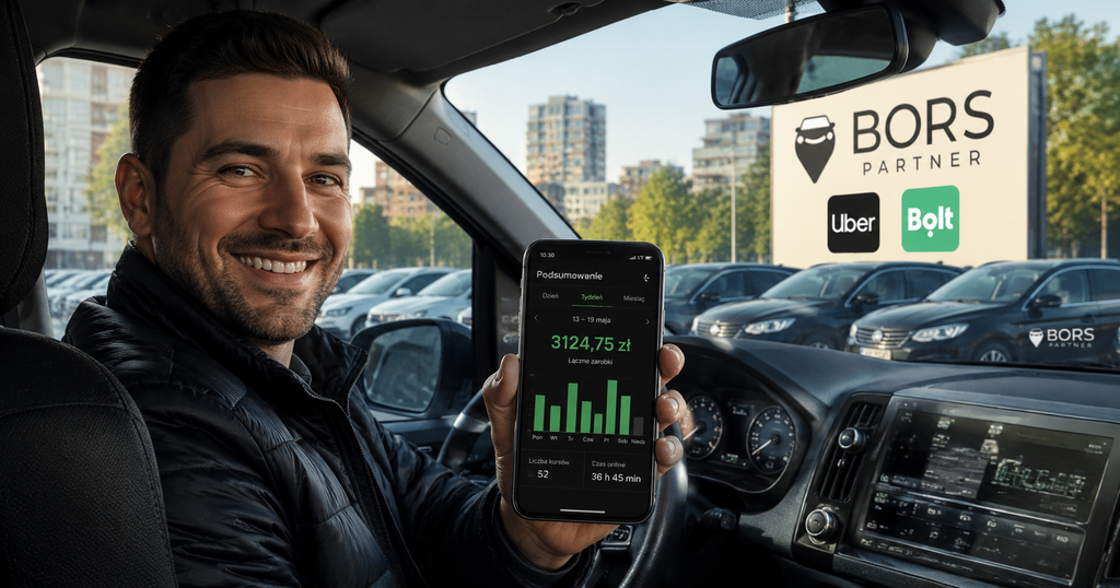 Zadowolony kierowca Bors Partner sprawdza zarobki z bonusami Uber i Bolt