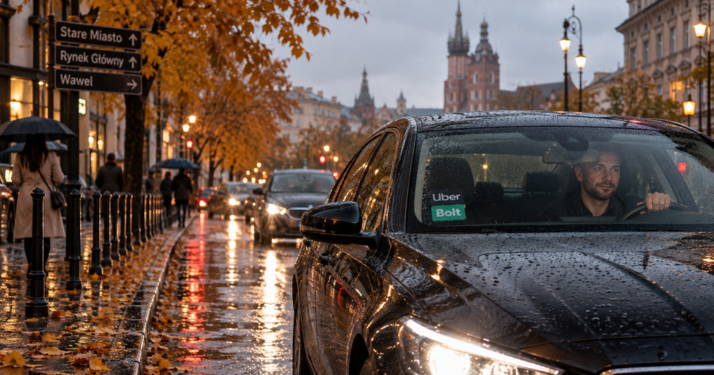 Samochód na mokrej ulicy jesienią – jak przygotować się do pracy Uber Bolt w nowym sezonie
